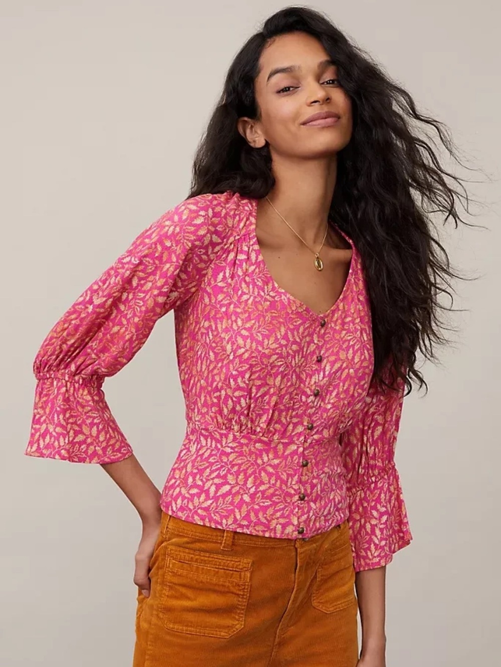 Anthropologie Maeve Percie Pink Blouse with Vines & Leaf Long Sleeves Large NWOT